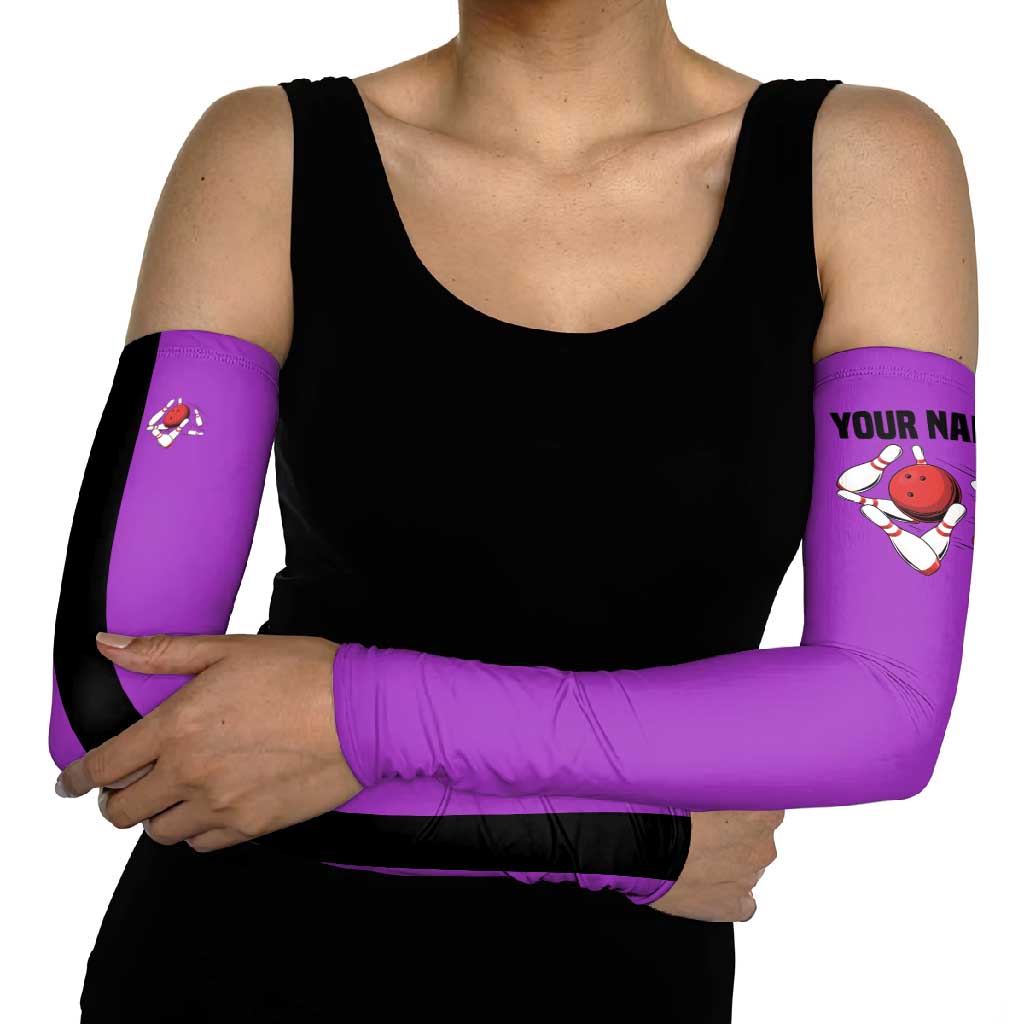 Personalized Purple Black Retro Bowling Arm Sleeves with Cartoon Strike - Wonder Print Shop