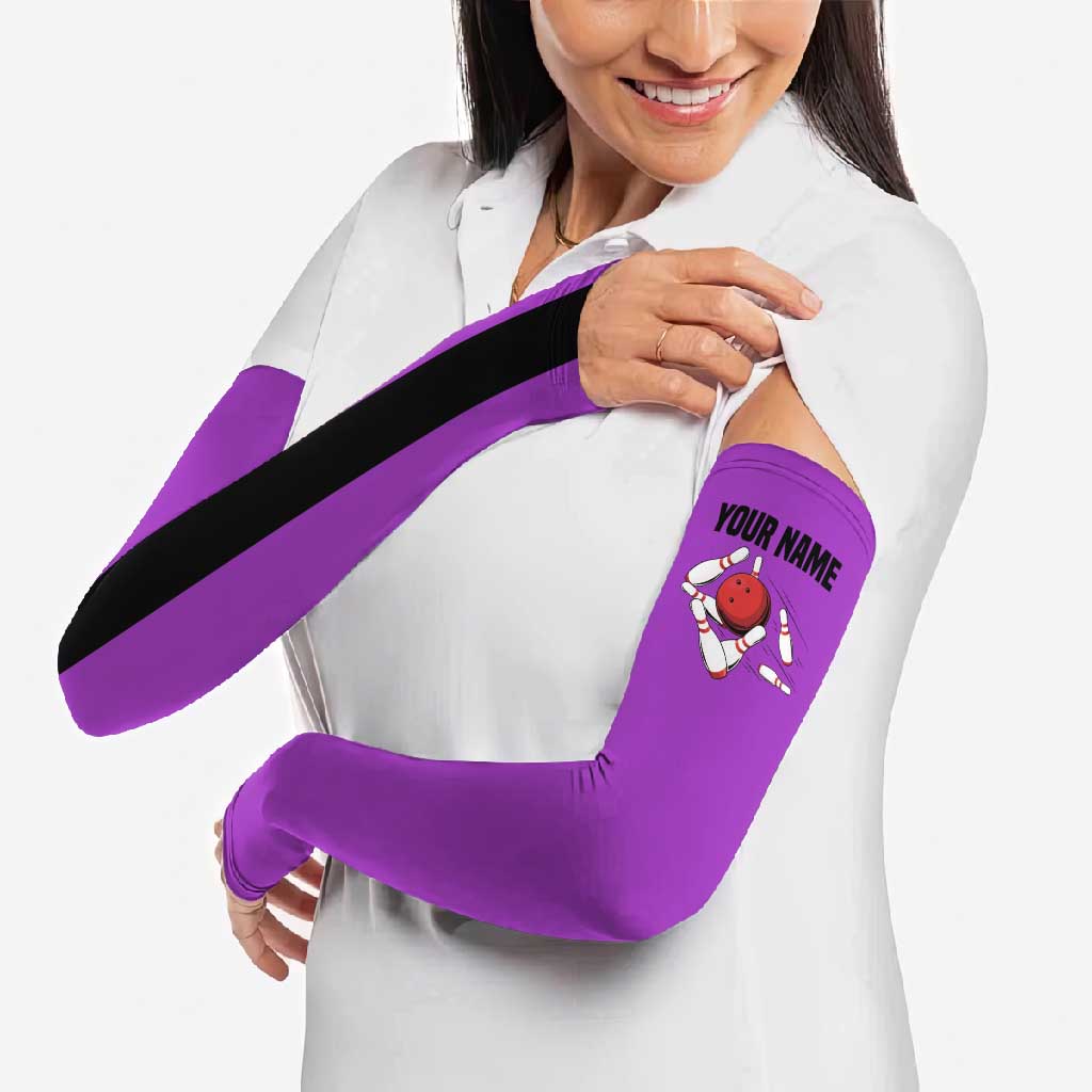 Personalized Purple Black Retro Bowling Arm Sleeves with Cartoon Strike - Wonder Print Shop