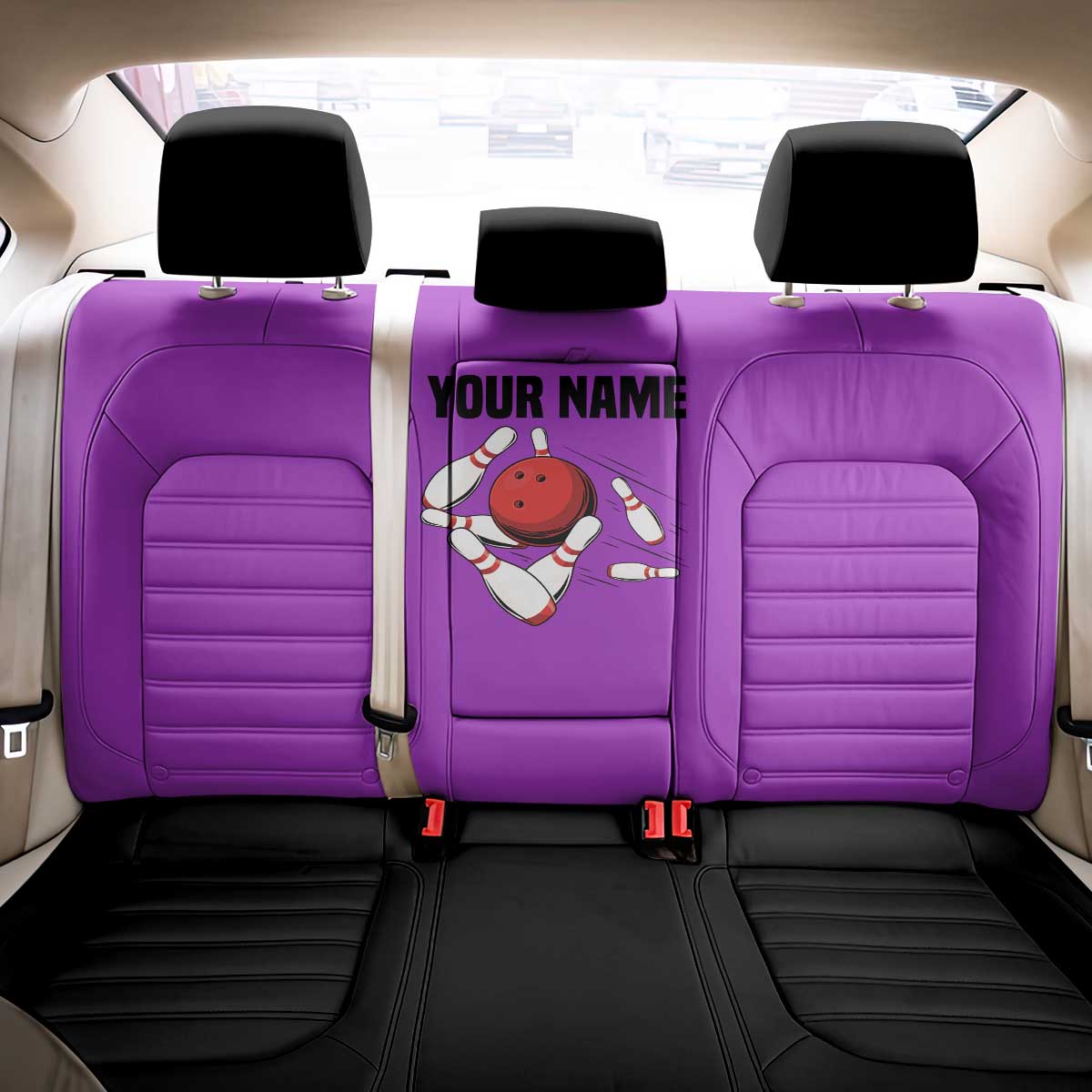 Personalized Purple Black Retro Bowling Back Car Seat Cover with Cartoon Strike - Wonder Print Shop