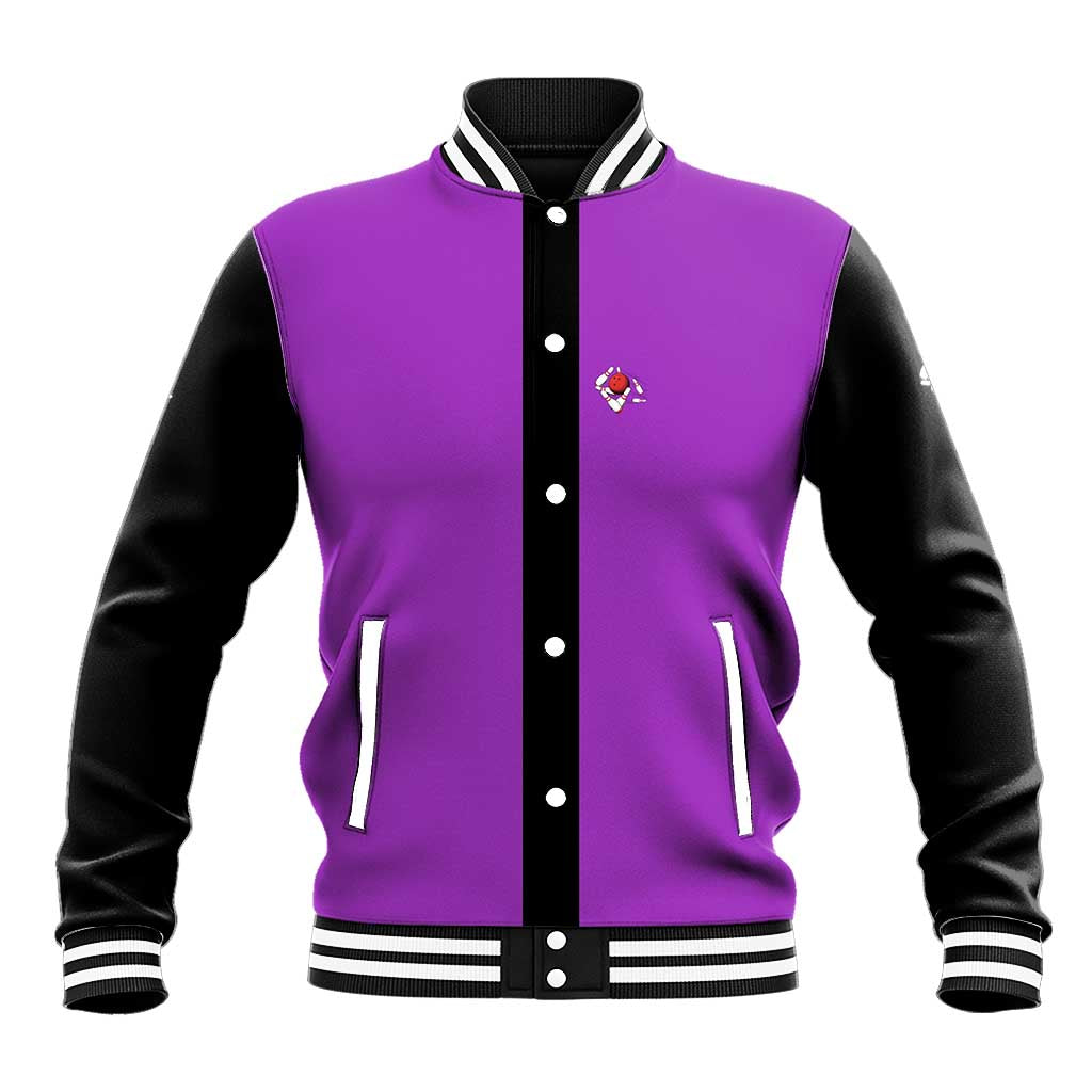 Personalized Purple Black Retro Bowling Baseball Jacket with Cartoon Strike - Wonder Print Shop