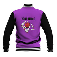 Personalized Purple Black Retro Bowling Baseball Jacket with Cartoon Strike - Wonder Print Shop