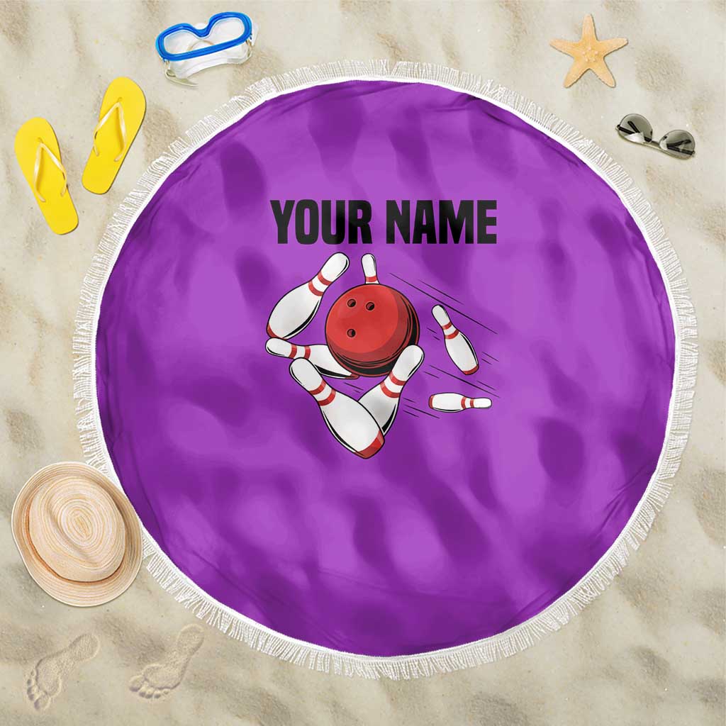 Personalized Purple Black Retro Bowling Beach Blanket with Cartoon Strike - Wonder Print Shop
