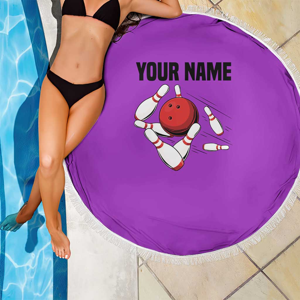 Personalized Purple Black Retro Bowling Beach Blanket with Cartoon Strike - Wonder Print Shop