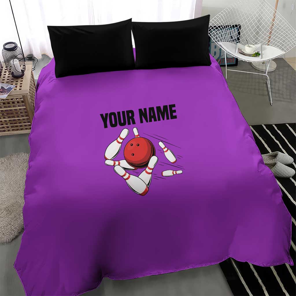 Personalized Purple Black Retro Bowling Bedding Set with Cartoon Strike - Wonder Print Shop