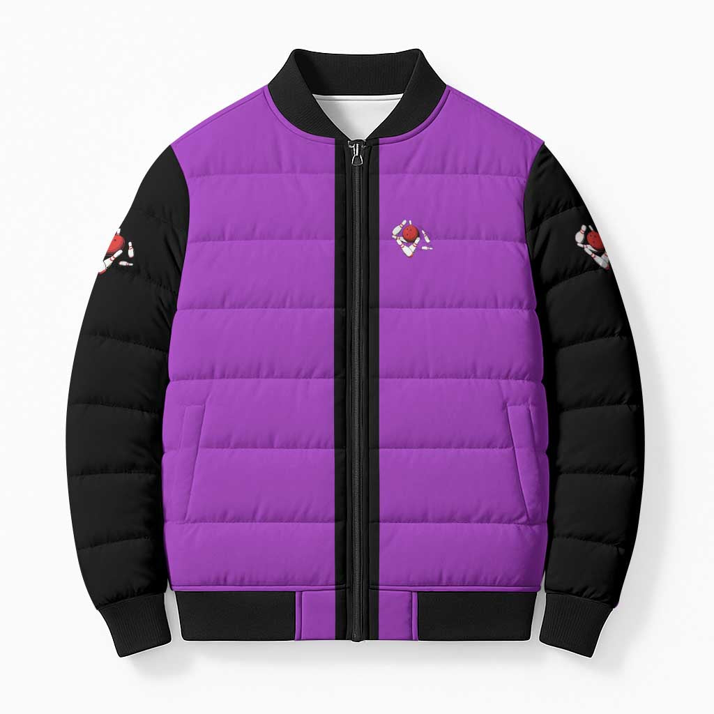 Personalized Purple Black Retro Bowling Bomber Puffer Jacket with Cartoon Strike - Wonder Print Shop
