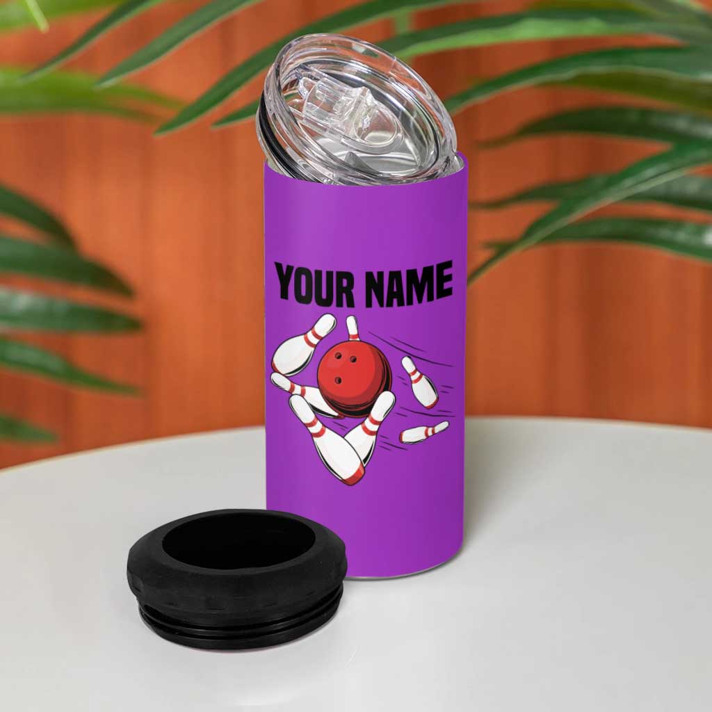 Personalized Purple Black Retro Bowling 4 in 1 Can Cooler Tumbler with Cartoon Strike - Wonder Print Shop