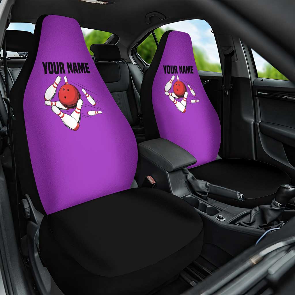 Personalized Purple Black Retro Bowling Car Seat Cover with Cartoon Strike - Wonder Print Shop