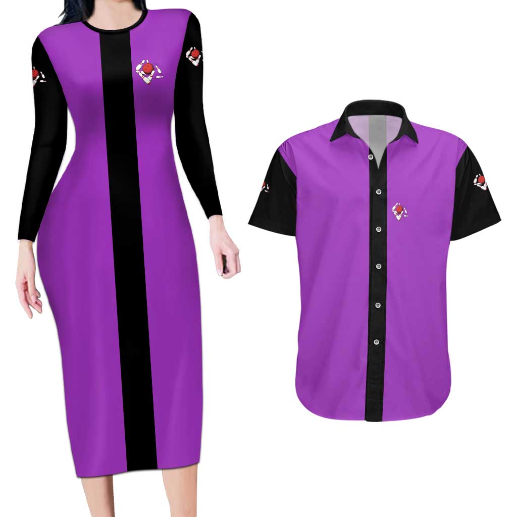 Personalized Purple Black Retro Bowling Couples Matching Long Sleeve Bodycon Dress and Hawaiian Shirt with Cartoon Strike - Wonder Print Shop
