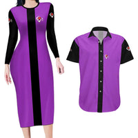 Personalized Purple Black Retro Bowling Couples Matching Long Sleeve Bodycon Dress and Hawaiian Shirt with Cartoon Strike - Wonder Print Shop
