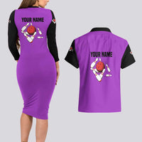 Personalized Purple Black Retro Bowling Couples Matching Long Sleeve Bodycon Dress and Hawaiian Shirt with Cartoon Strike - Wonder Print Shop