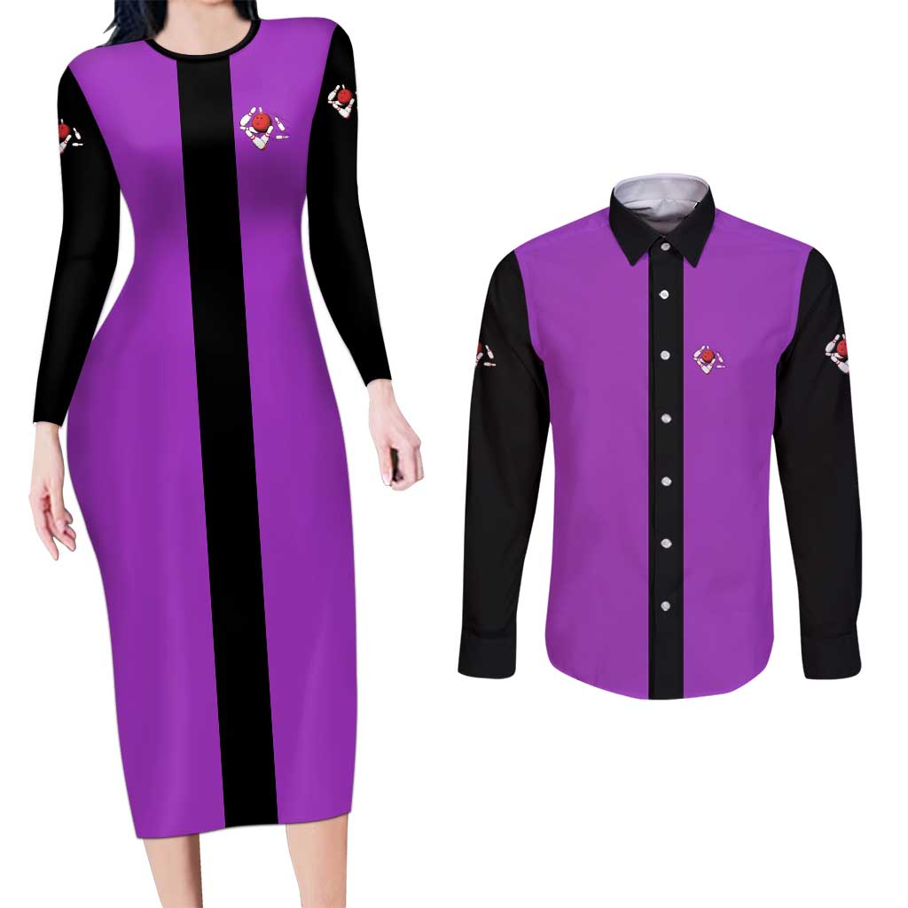 Personalized Purple Black Retro Bowling Couples Matching Long Sleeve Bodycon Dress and Long Sleeve Button Shirt with Cartoon Strike - Wonder Print Shop