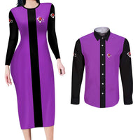 Personalized Purple Black Retro Bowling Couples Matching Long Sleeve Bodycon Dress and Long Sleeve Button Shirt with Cartoon Strike - Wonder Print Shop