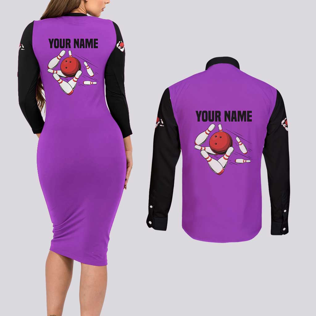 Personalized Purple Black Retro Bowling Couples Matching Long Sleeve Bodycon Dress and Long Sleeve Button Shirt with Cartoon Strike - Wonder Print Shop