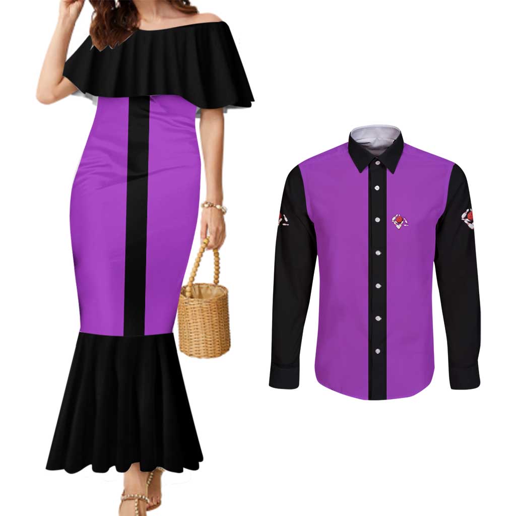 Personalized Purple Black Retro Bowling Couples Matching Mermaid Dress and Long Sleeve Button Shirt with Cartoon Strike - Wonder Print Shop