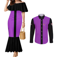 Personalized Purple Black Retro Bowling Couples Matching Mermaid Dress and Long Sleeve Button Shirt with Cartoon Strike - Wonder Print Shop