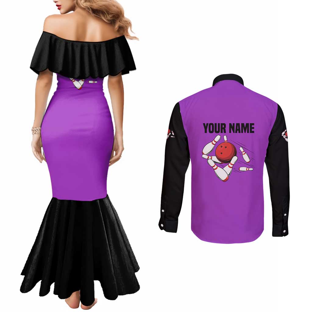 Personalized Purple Black Retro Bowling Couples Matching Mermaid Dress and Long Sleeve Button Shirt with Cartoon Strike - Wonder Print Shop