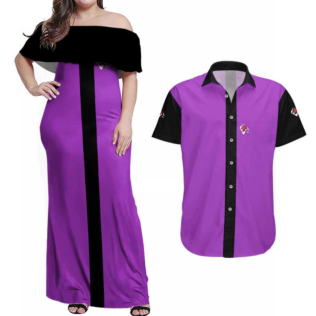 Personalized Purple Black Retro Bowling Couples Matching Off Shoulder Maxi Dress and Hawaiian Shirt with Cartoon Strike - Wonder Print Shop