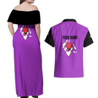 Personalized Purple Black Retro Bowling Couples Matching Off Shoulder Maxi Dress and Hawaiian Shirt with Cartoon Strike - Wonder Print Shop
