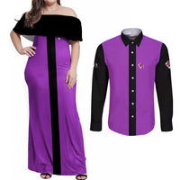 Personalized Purple Black Retro Bowling Couples Matching Off Shoulder Maxi Dress and Long Sleeve Button Shirt with Cartoon Strike - Wonder Print Shop