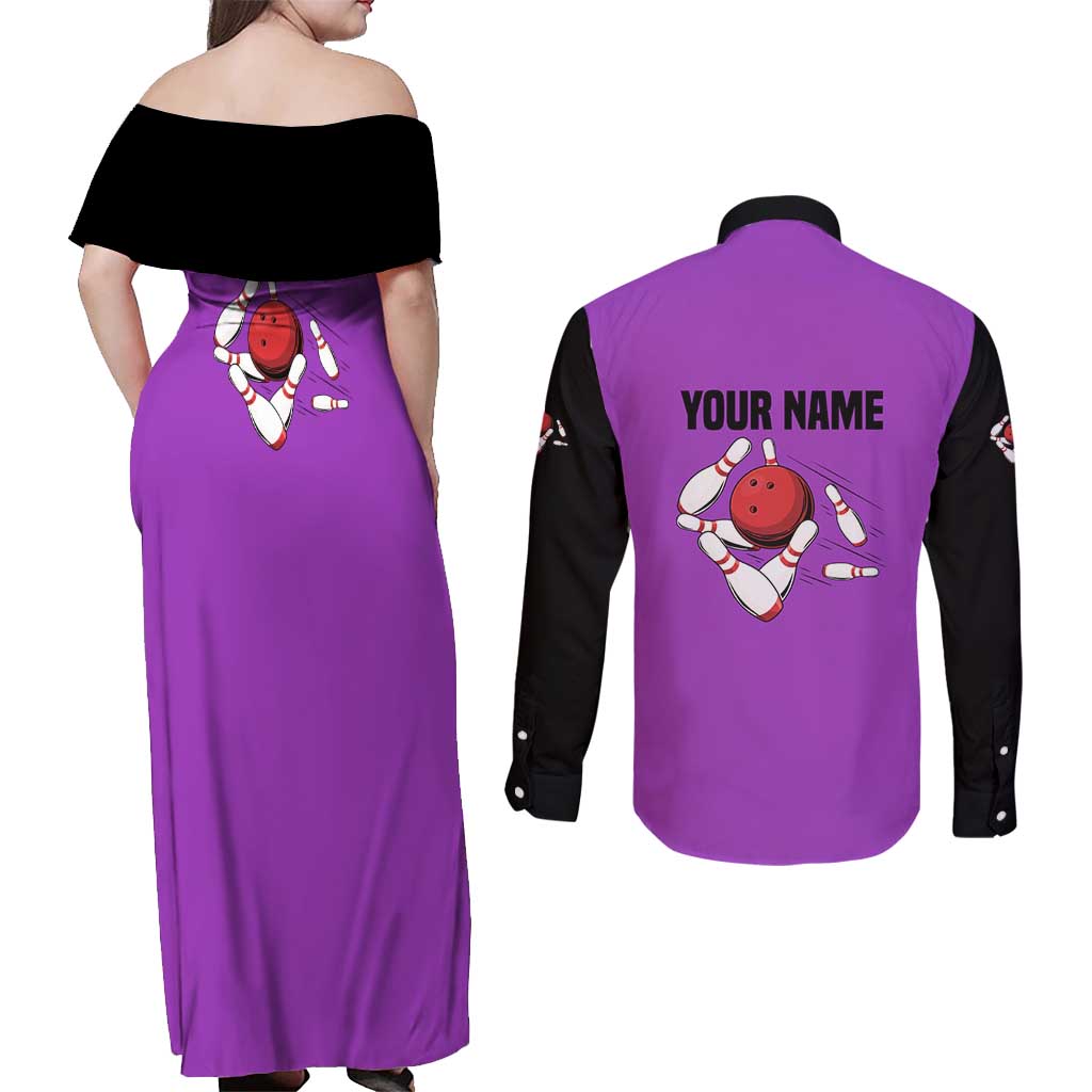 Personalized Purple Black Retro Bowling Couples Matching Off Shoulder Maxi Dress and Long Sleeve Button Shirt with Cartoon Strike - Wonder Print Shop