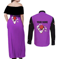 Personalized Purple Black Retro Bowling Couples Matching Off Shoulder Maxi Dress and Long Sleeve Button Shirt with Cartoon Strike - Wonder Print Shop