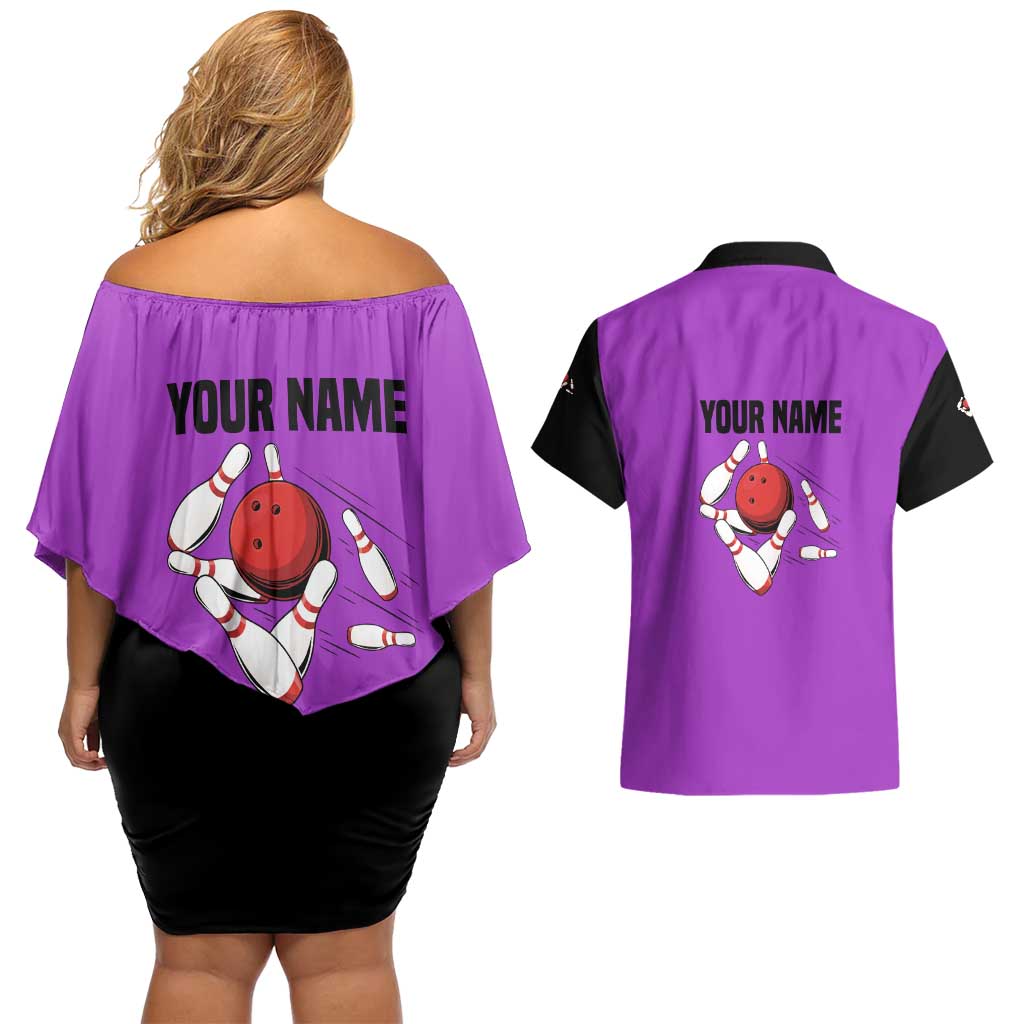 Personalized Purple Black Retro Bowling Couples Matching Off Shoulder Short Dress and Hawaiian Shirt with Cartoon Strike - Wonder Print Shop