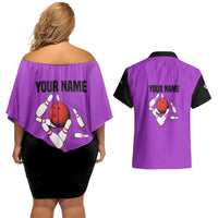 Personalized Purple Black Retro Bowling Couples Matching Off Shoulder Short Dress and Hawaiian Shirt with Cartoon Strike - Wonder Print Shop