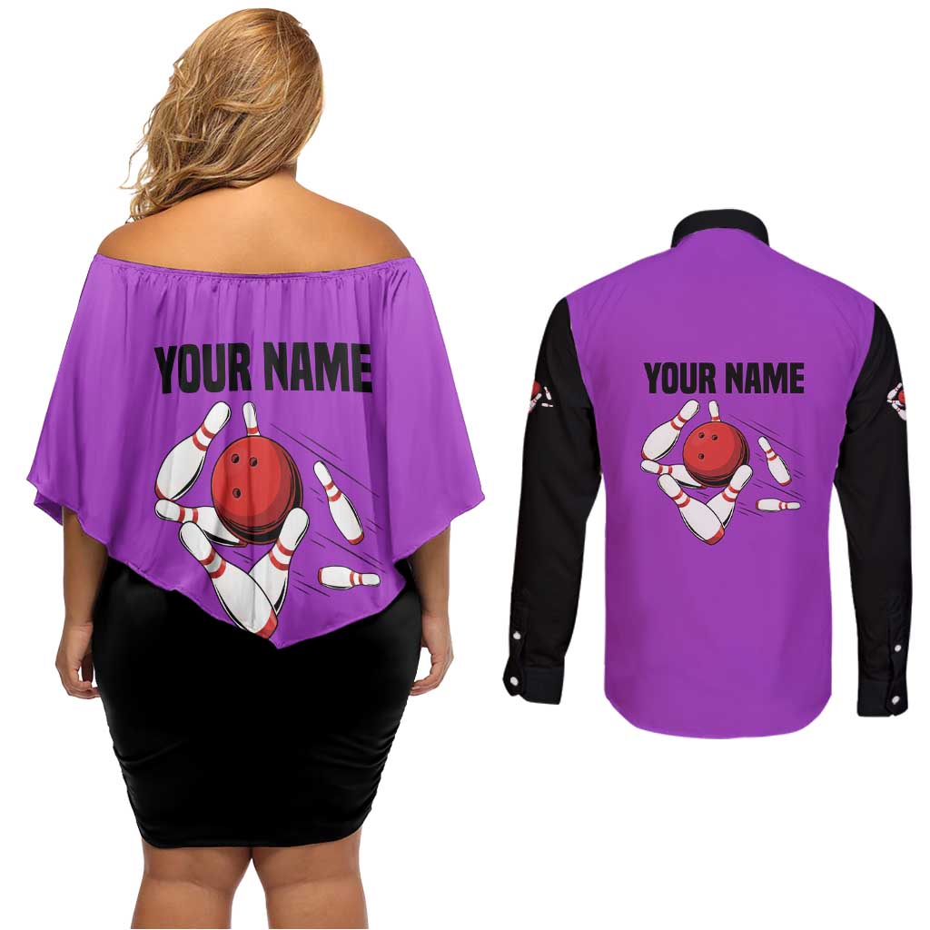 Personalized Purple Black Retro Bowling Couples Matching Off Shoulder Short Dress and Long Sleeve Button Shirt with Cartoon Strike - Wonder Print Shop