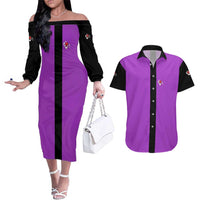 Personalized Purple Black Retro Bowling Couples Matching Off The Shoulder Long Sleeve Dress and Hawaiian Shirt with Cartoon Strike - Wonder Print Shop