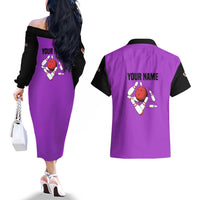 Personalized Purple Black Retro Bowling Couples Matching Off The Shoulder Long Sleeve Dress and Hawaiian Shirt with Cartoon Strike - Wonder Print Shop