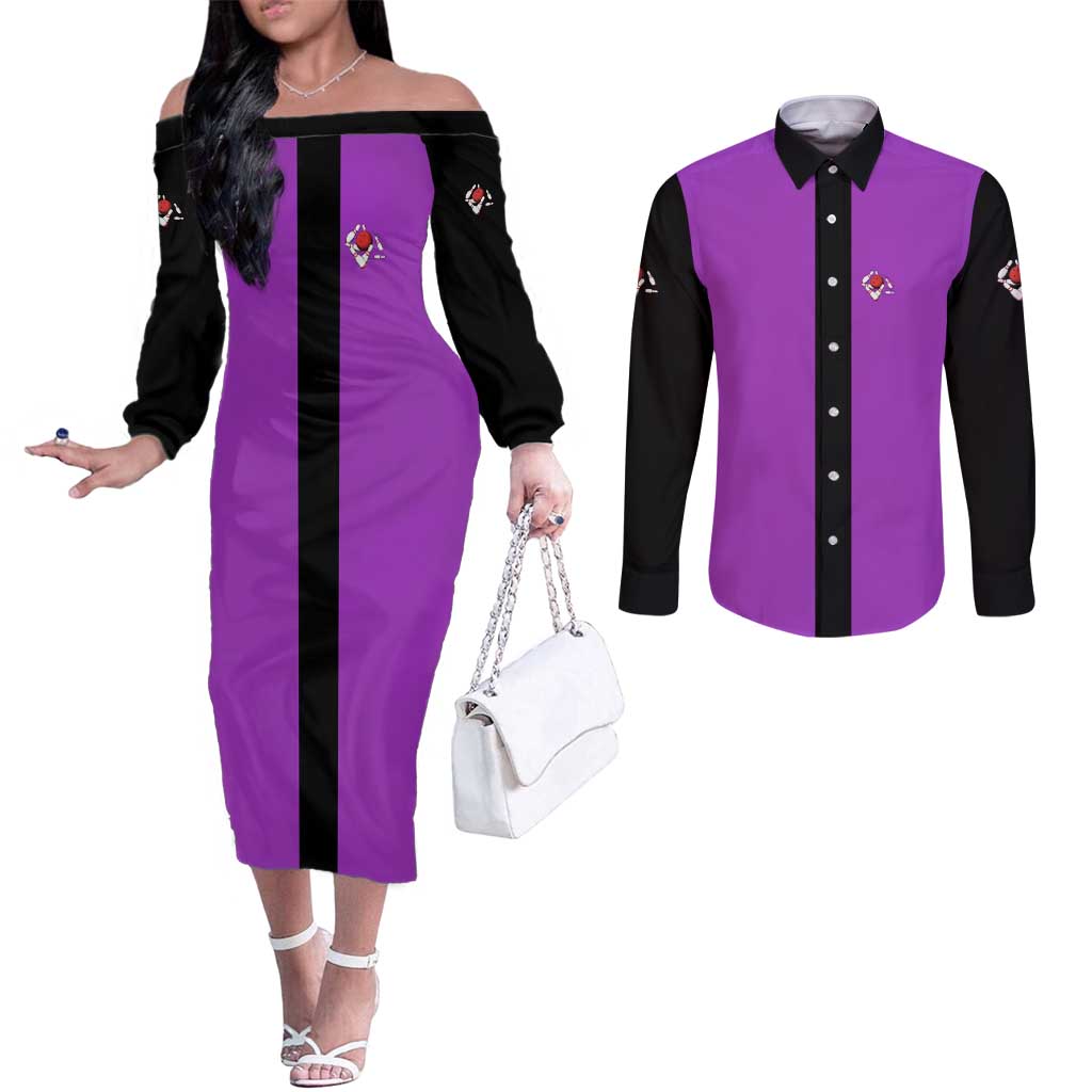 Personalized Purple Black Retro Bowling Couples Matching Off The Shoulder Long Sleeve Dress and Long Sleeve Button Shirt with Cartoon Strike - Wonder Print Shop