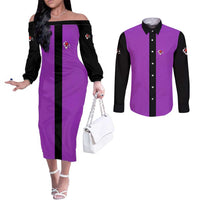 Personalized Purple Black Retro Bowling Couples Matching Off The Shoulder Long Sleeve Dress and Long Sleeve Button Shirt with Cartoon Strike - Wonder Print Shop