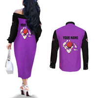 Personalized Purple Black Retro Bowling Couples Matching Off The Shoulder Long Sleeve Dress and Long Sleeve Button Shirt with Cartoon Strike - Wonder Print Shop