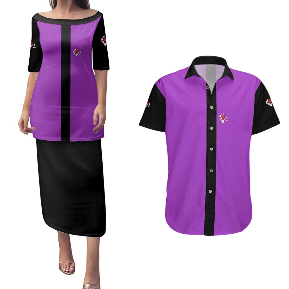 Personalized Purple Black Retro Bowling Couples Matching Puletasi and Hawaiian Shirt with Cartoon Strike - Wonder Print Shop