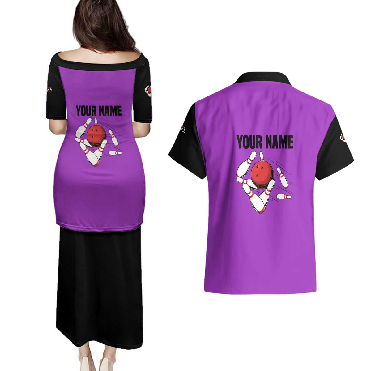Personalized Purple Black Retro Bowling Couples Matching Puletasi and Hawaiian Shirt with Cartoon Strike - Wonder Print Shop