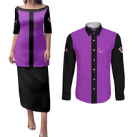Personalized Purple Black Retro Bowling Couples Matching Puletasi and Long Sleeve Button Shirt with Cartoon Strike - Wonder Print Shop