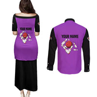 Personalized Purple Black Retro Bowling Couples Matching Puletasi and Long Sleeve Button Shirt with Cartoon Strike - Wonder Print Shop