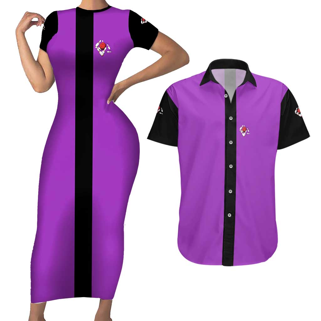 Personalized Purple Black Retro Bowling Couples Matching Short Sleeve Bodycon Dress and Hawaiian Shirt with Cartoon Strike - Wonder Print Shop