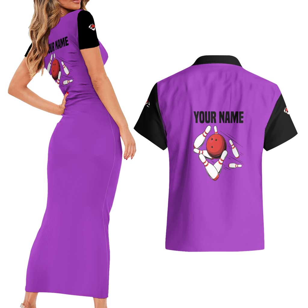 Personalized Purple Black Retro Bowling Couples Matching Short Sleeve Bodycon Dress and Hawaiian Shirt with Cartoon Strike - Wonder Print Shop