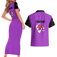 Personalized Purple Black Retro Bowling Couples Matching Short Sleeve Bodycon Dress and Hawaiian Shirt with Cartoon Strike - Wonder Print Shop