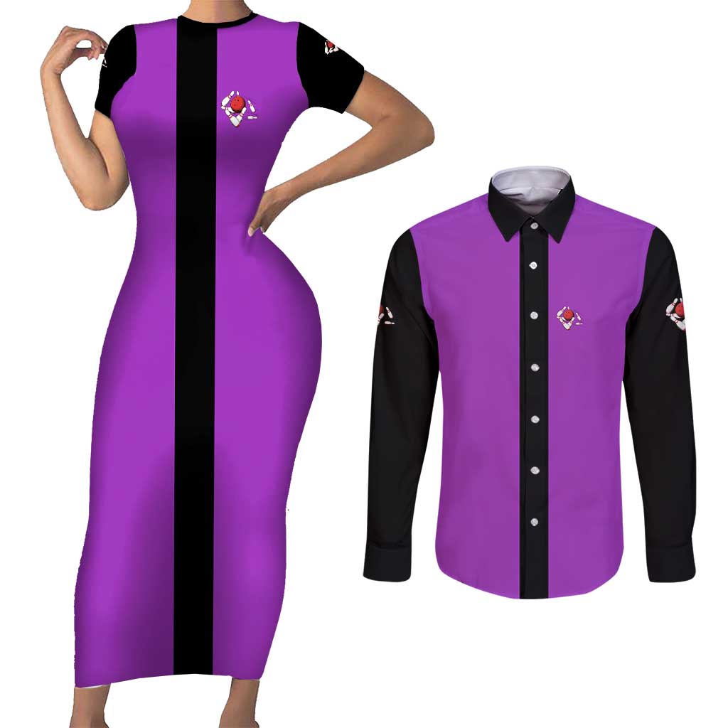 Personalized Purple Black Retro Bowling Couples Matching Short Sleeve Bodycon Dress and Long Sleeve Button Shirt with Cartoon Strike - Wonder Print Shop