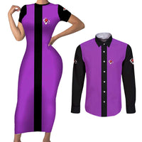 Personalized Purple Black Retro Bowling Couples Matching Short Sleeve Bodycon Dress and Long Sleeve Button Shirt with Cartoon Strike - Wonder Print Shop