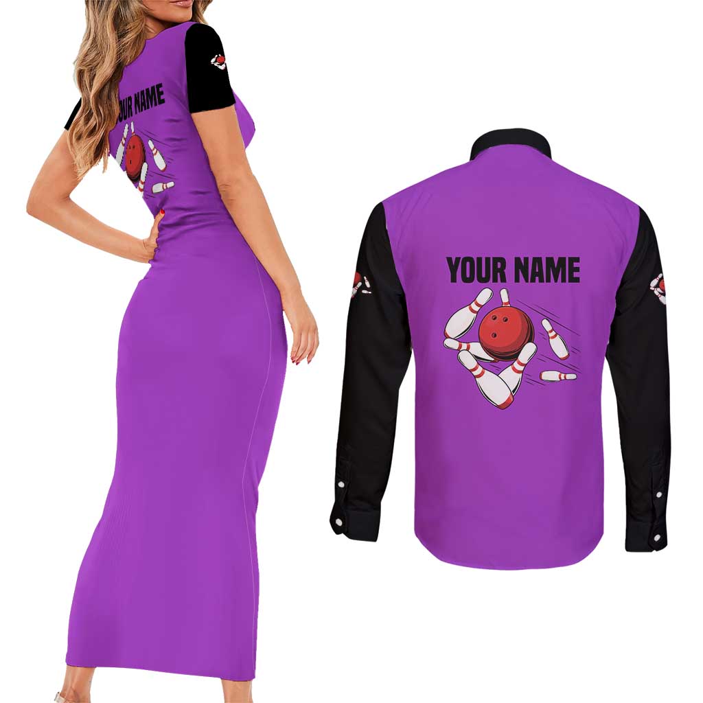Personalized Purple Black Retro Bowling Couples Matching Short Sleeve Bodycon Dress and Long Sleeve Button Shirt with Cartoon Strike - Wonder Print Shop
