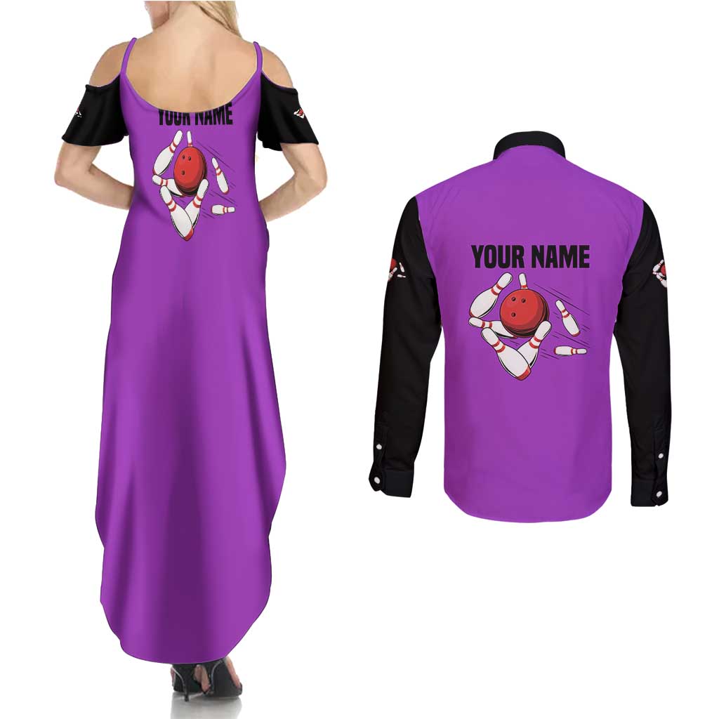 Personalized Purple Black Retro Bowling Couples Matching Summer Maxi Dress and Long Sleeve Button Shirt with Cartoon Strike - Wonder Print Shop