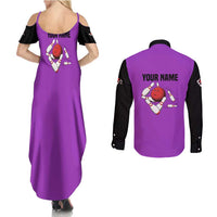 Personalized Purple Black Retro Bowling Couples Matching Summer Maxi Dress and Long Sleeve Button Shirt with Cartoon Strike - Wonder Print Shop