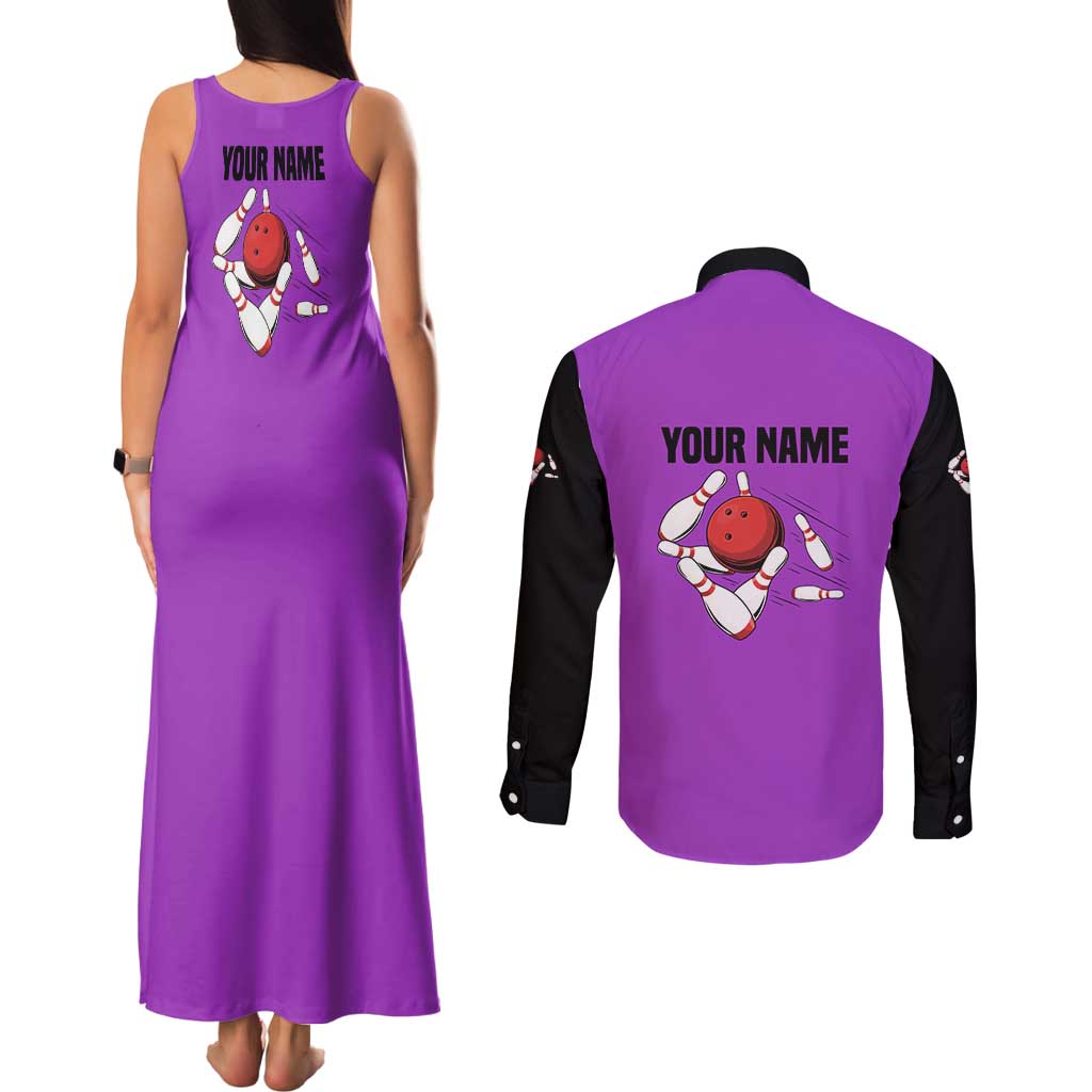 Personalized Purple Black Retro Bowling Couples Matching Tank Maxi Dress and Long Sleeve Button Shirt with Cartoon Strike - Wonder Print Shop