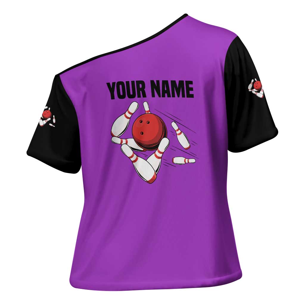 Personalized Purple Black Retro Bowling Cross Shoulder Shirt with Cartoon Strike - Wonder Print Shop