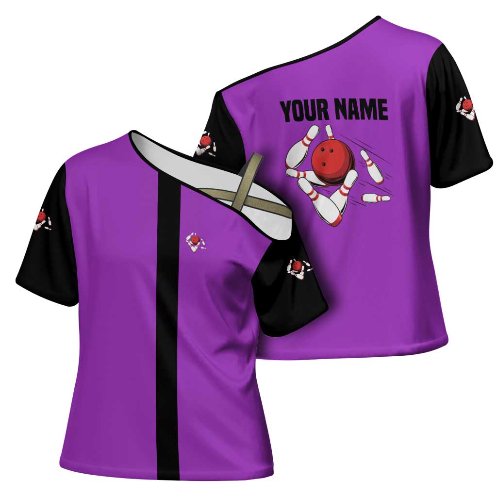 Personalized Purple Black Retro Bowling Cross Shoulder Shirt with Cartoon Strike - Wonder Print Shop