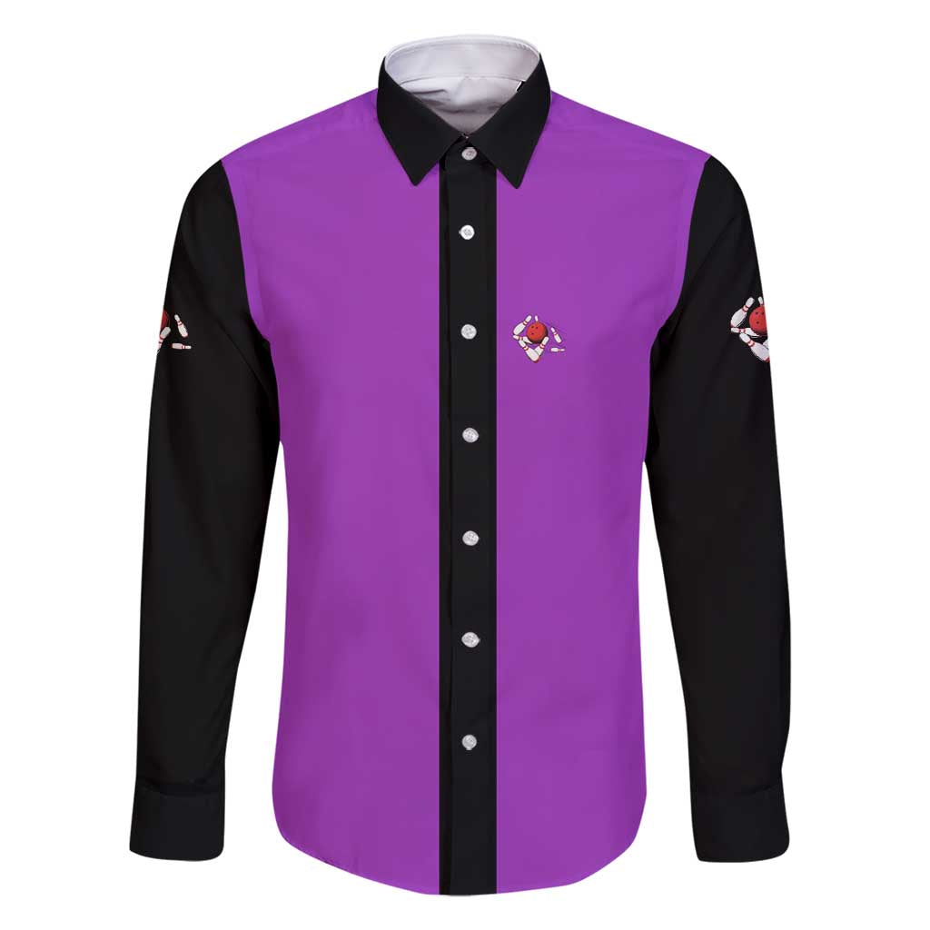 Personalized Purple Black Retro Bowling Family Matching Long Sleeve Bodycon Dress and Hawaiian Shirt with Cartoon Strike - Wonder Print Shop