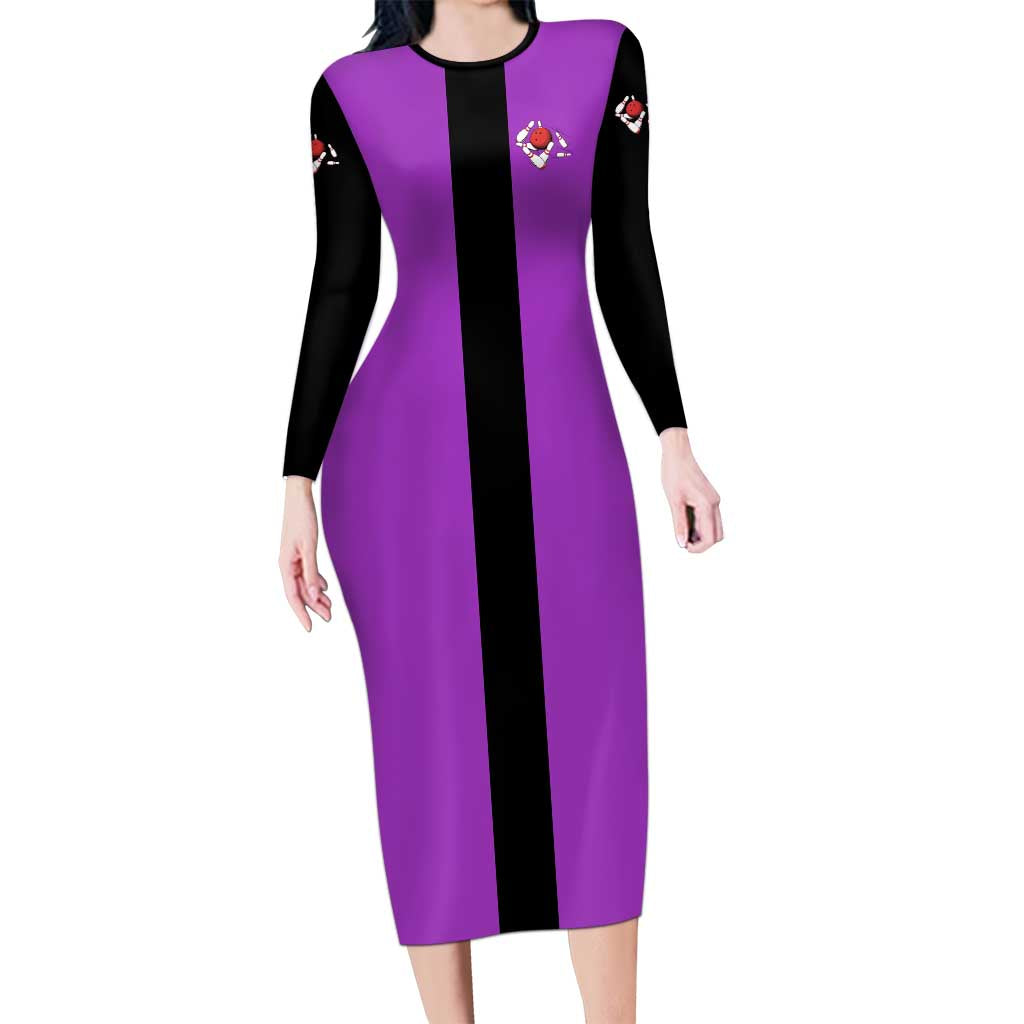 Personalized Purple Black Retro Bowling Family Matching Long Sleeve Bodycon Dress and Hawaiian Shirt with Cartoon Strike - Wonder Print Shop